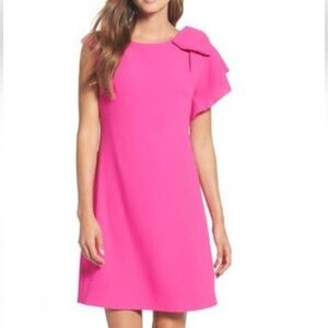 ELIZA J Black Bow Ruffle Drape One Shoulder Stretch Crepe Cocktail Shift…‎